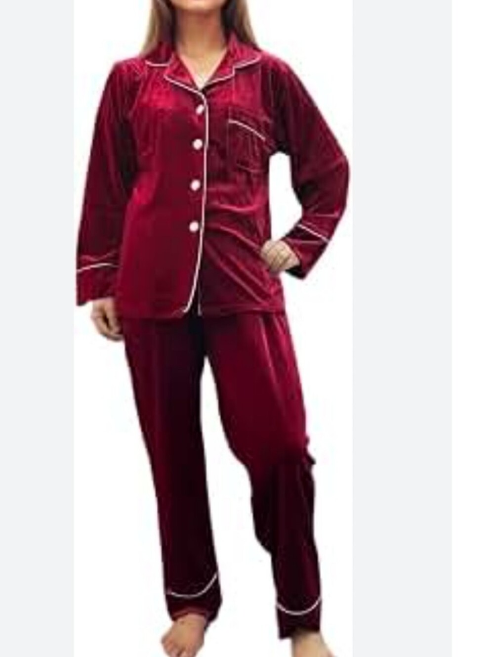 Magnolia Burgundy Velvet Pajama Set with White Piping